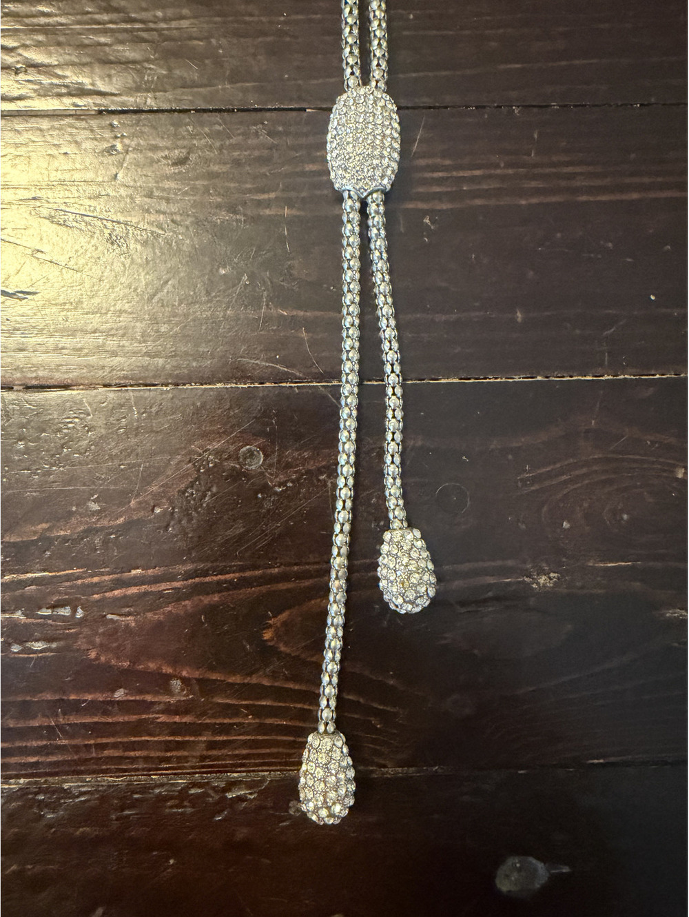 Chico’s Long Rhinestone Lariat Necklace Silver Tone Beaded Tassel Statement